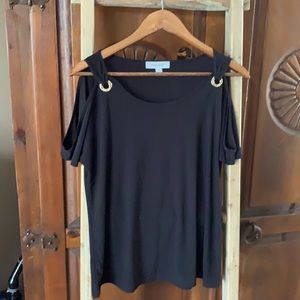 New 9 West peek-a-boo shoulder w/gold buckles top.